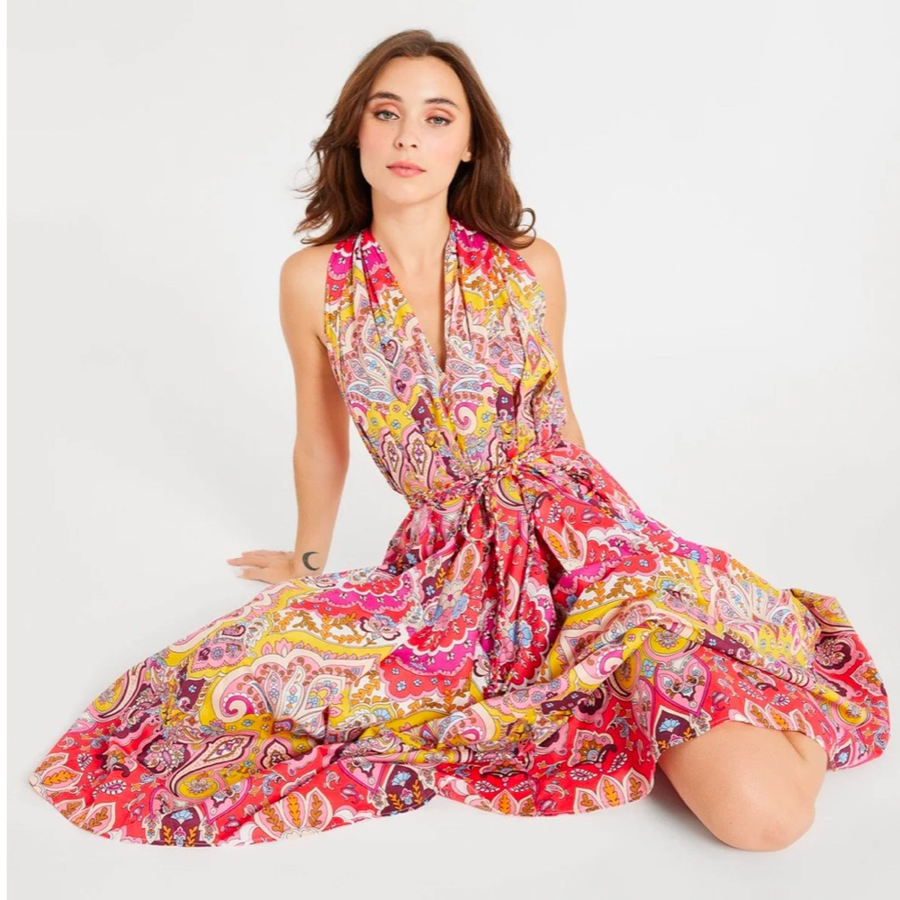 Floral Paisley Pink Halter Midi Dress